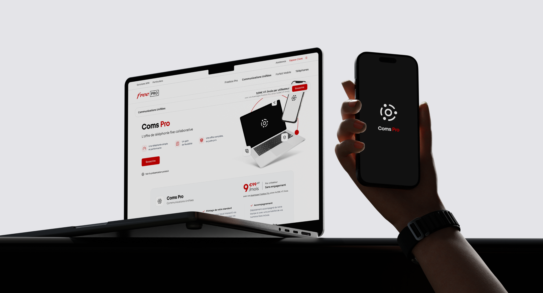 Visuel de la page produit Coms Pro et de son application mobile