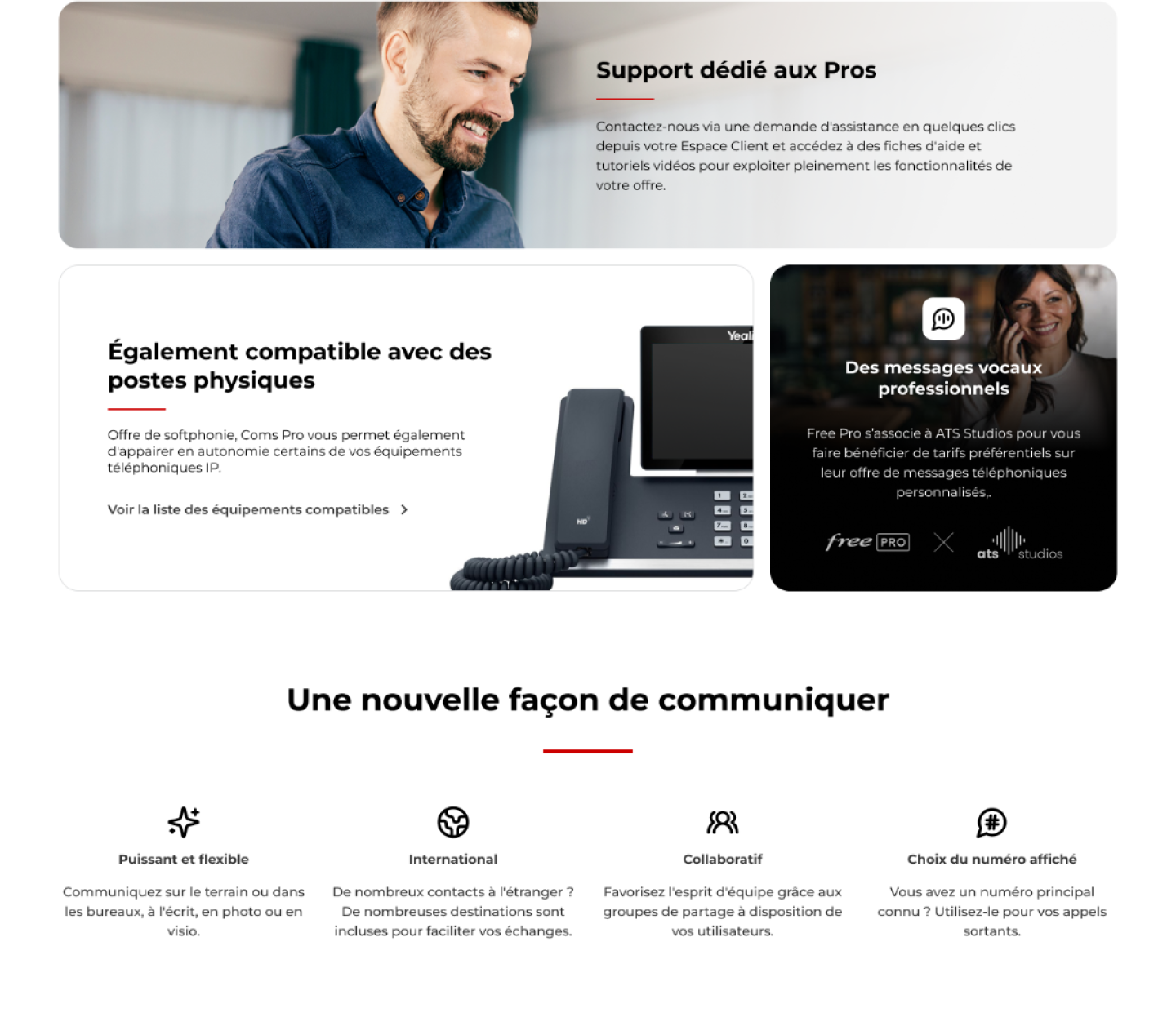 Visuel de la page produit Coms Pro qui représente des points positifs de l'offre