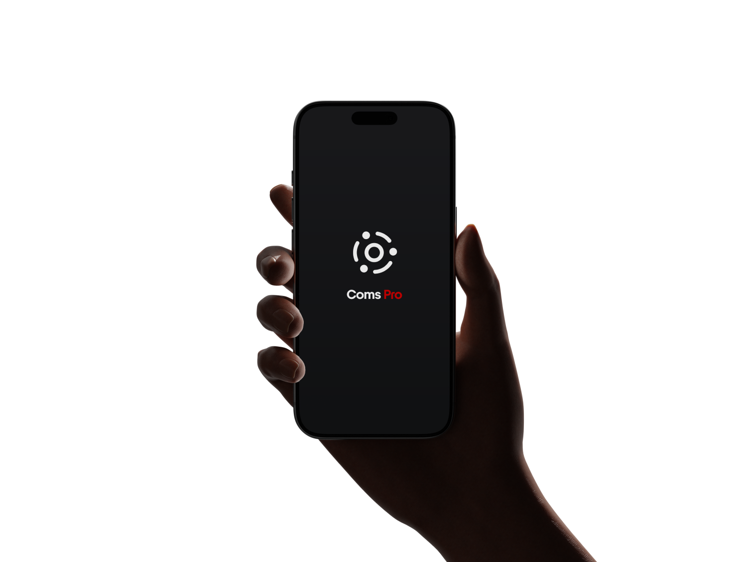 Main tenant un iPhone avec au centre le logo Coms Pro