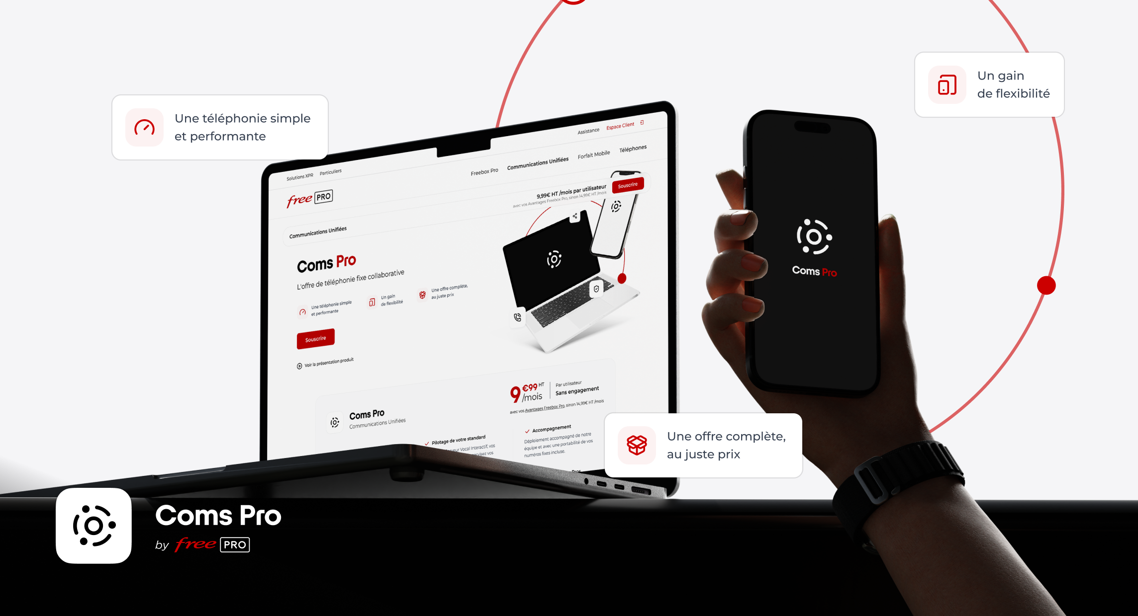 Visuel de la page produit Coms Pro et de son application mobile