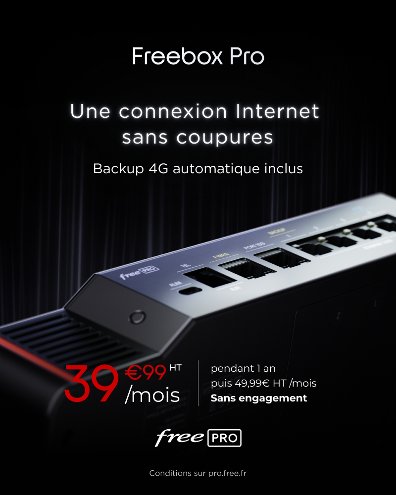 Bannière Freebox Pro : Une connexion internet sans coupure. Backup 4G automatique inclus