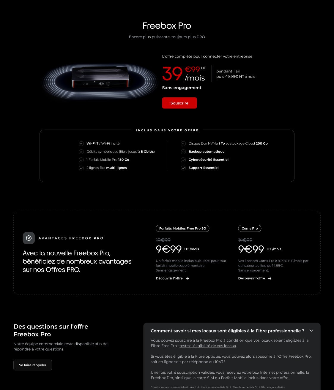 Aperçu de la page produit Freebox Pro qui présente ses caractéristiques et le prix