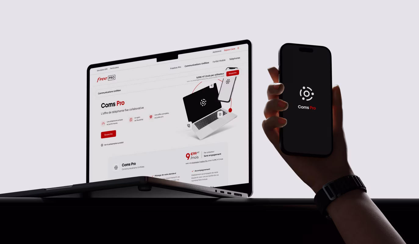Visuel de la page produit Coms Pro et de son application mobile